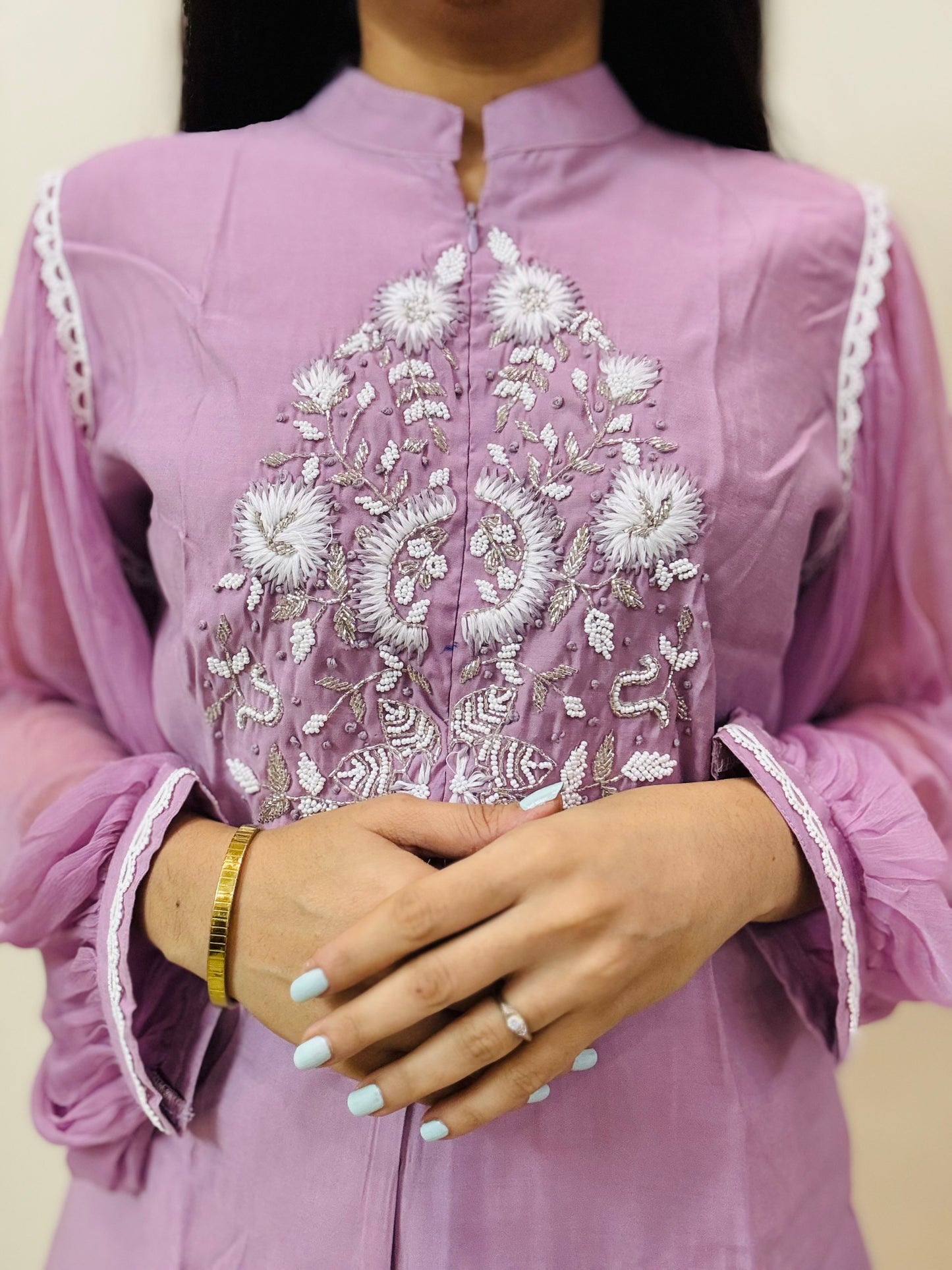 Pastel green and lavender handwork co-ord set in muslin with chiffon lace sleeves and cutwork pants – festive ethnic wear for women
