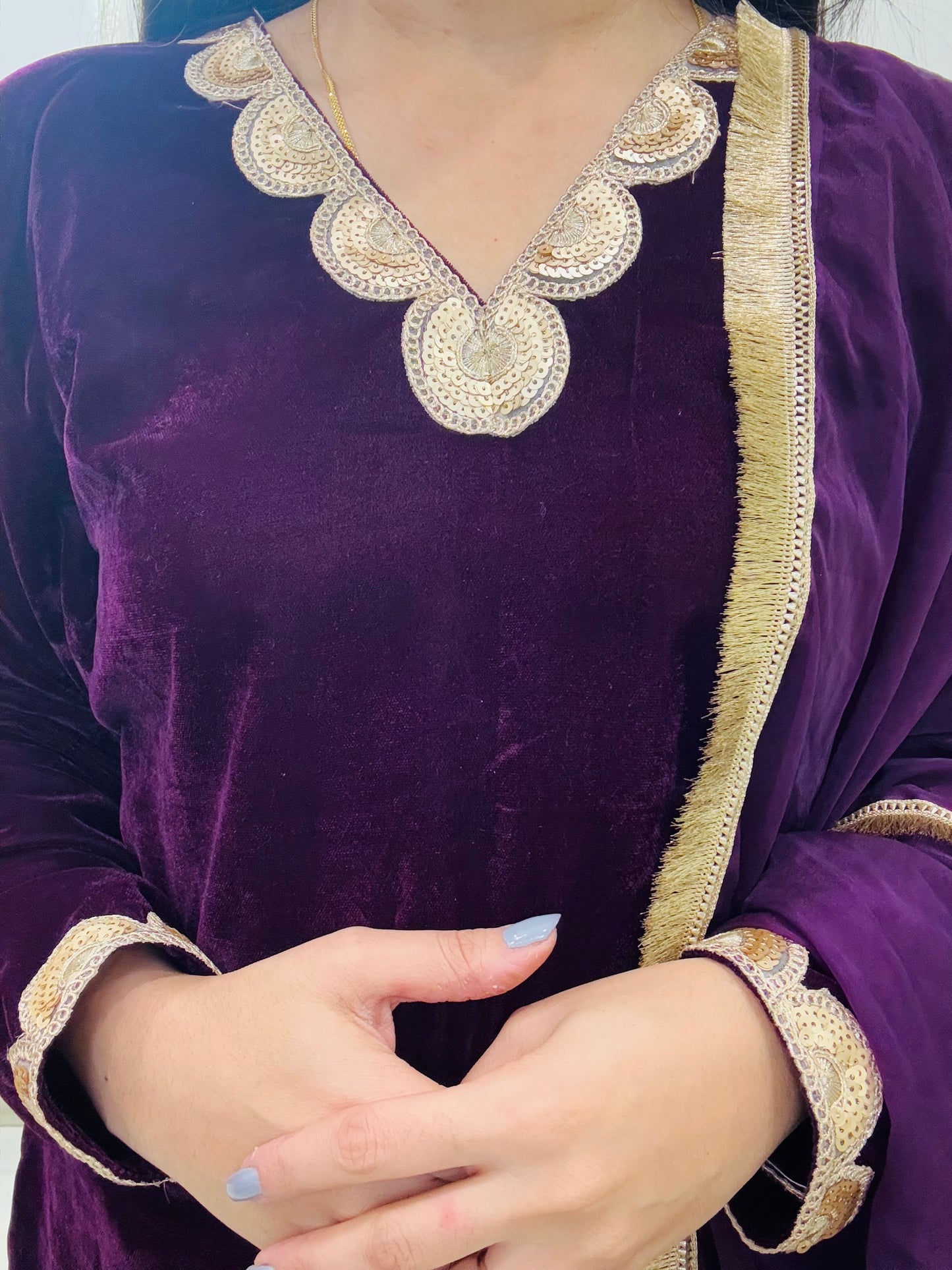 Wine velvet suit set with lace detailing, straight pants, and sheer organza dupatta – elegant ethnic wear for festive and special occasions