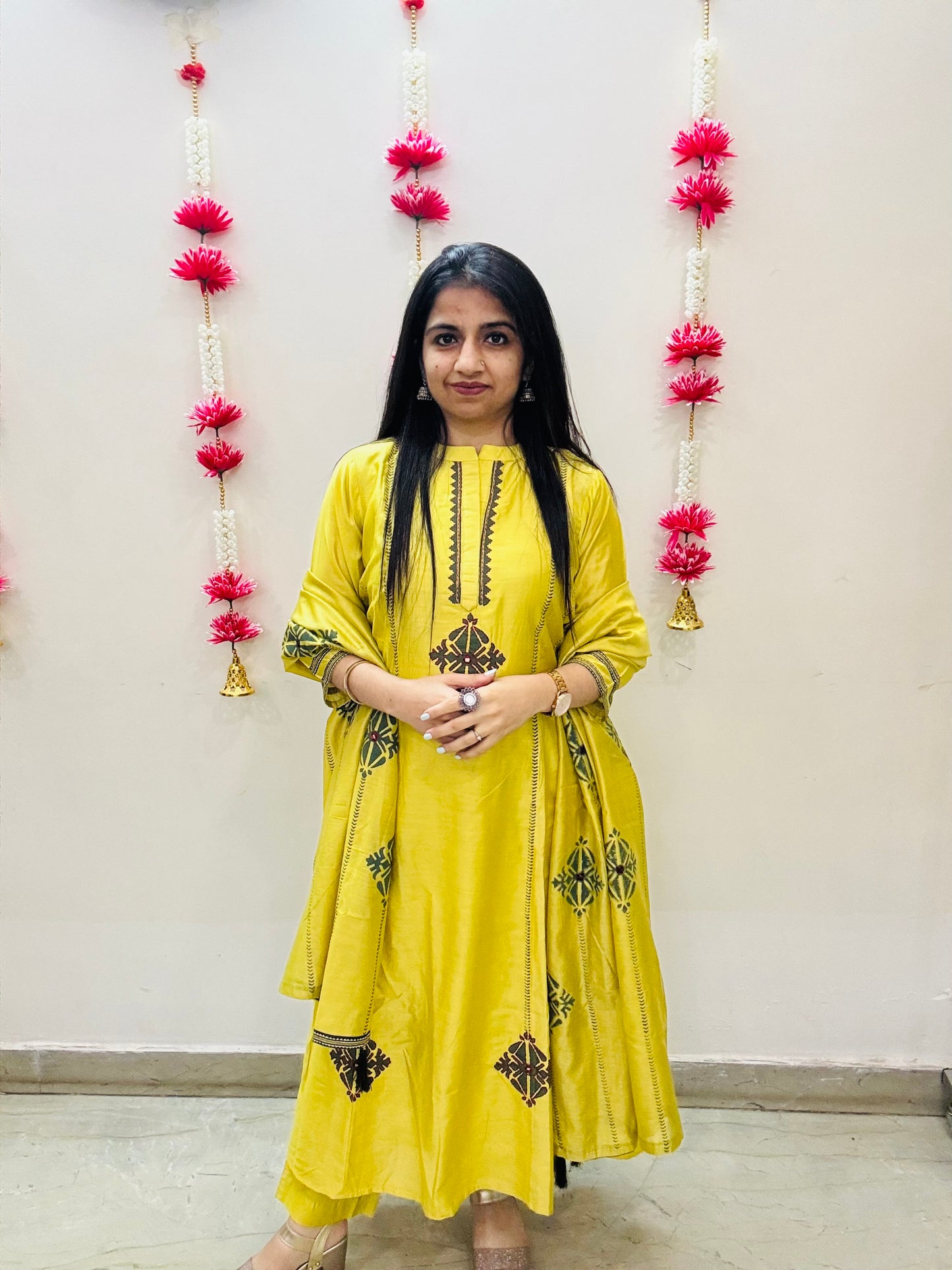 Lime green Anarkali suit set in muslin with patchwork and thread embroidery – includes matching pants and dupatta