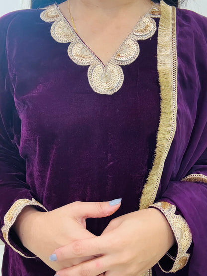 Wine velvet suit set with lace detailing, straight pants, and sheer organza dupatta – elegant ethnic wear for festive and special occasions